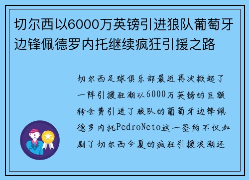 切尔西以6000万英镑引进狼队葡萄牙边锋佩德罗内托继续疯狂引援之路